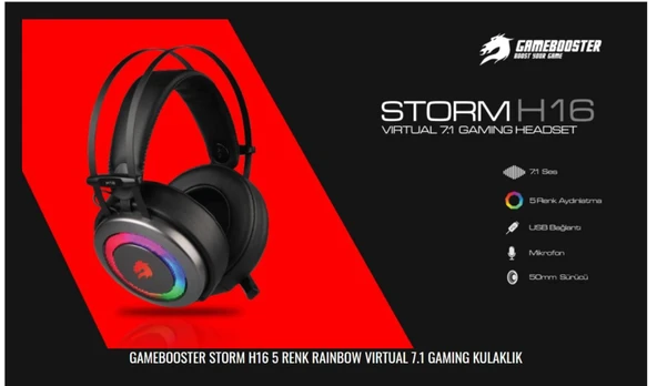 GAMEBOOSTER GB-H16 2.2m 5 Renk Rainbow 7.1 Siyah Kulaküstü Mikrofonlu Kulaklık - 2