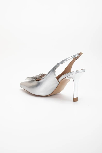 Kadın Abiye Stiletto Gümüş Rugan Metal Çiçek Aksesuarlı Galvaniz Ökçe Kaplamalı - Resim 5