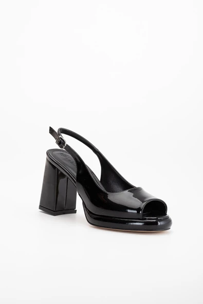 Kadın Abiye Platform Topuklu Ayakkabı Siyah Rugan Yuvarlak Açık Burun - Resim 4