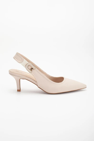 Büyük Numara Kadın Topuklu Ayakkabı Bej Saten Malzeme Taşlı Tokalı - Resim 4