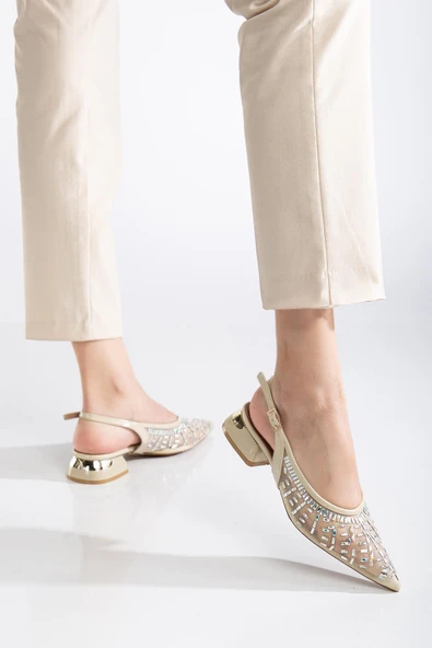 Kadın Kısa Topuklu Abiye Ayakkabı Gümüş File Taş Döşeme Topuk Açık - Resim 3