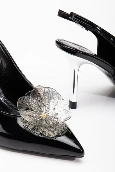 Kadın Abiye Stiletto Siyah Rugan Metal Çiçek Aksesuarlı Galvaniz Ökçe Kaplamalı - 2