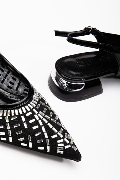 Kadın Kısa Topuklu Abiye Ayakkabı Siyah File Taş Döşeme Topuk Açık - 2