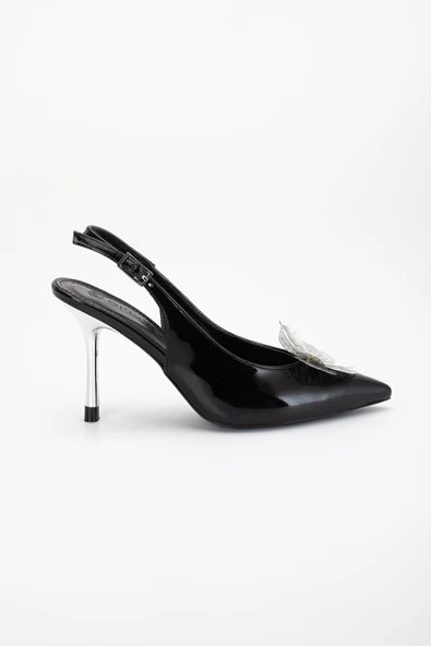 Kadın Abiye Stiletto Siyah Rugan Metal Çiçek Aksesuarlı Galvaniz Ökçe Kaplamalı - 4