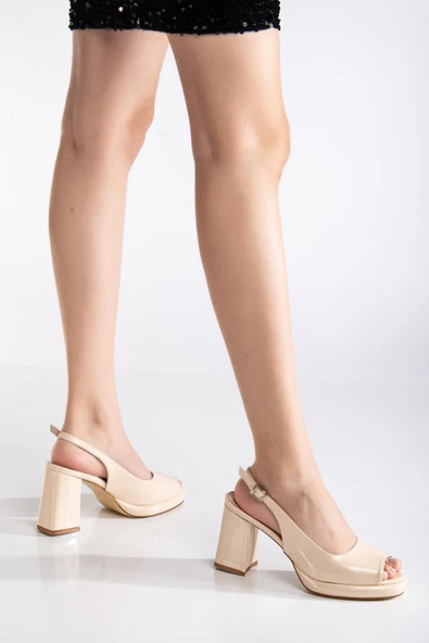 Kadın Abiye Platform Topuklu Ayakkabı Ten Rugan Yuvarlak Açık Burun - Resim 2