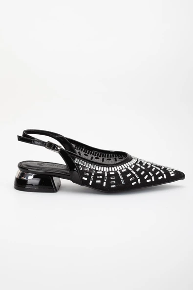 Kadın Kısa Topuklu Abiye Ayakkabı Siyah File Taş Döşeme Topuk Açık - 4