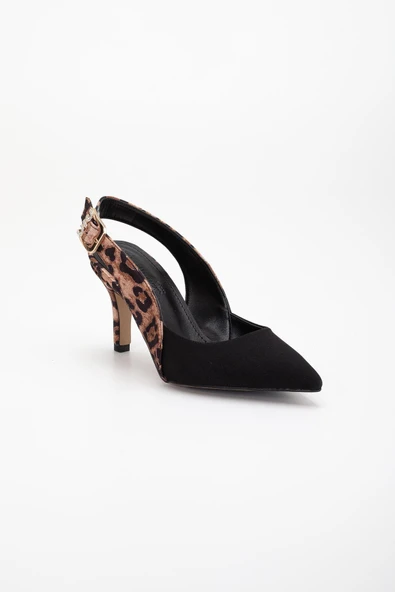 Büyük Numara Kadın Topuklu Ayakkabı Siyah Leopar Saten Taşlı Tokalı - Resim 4