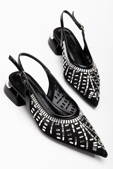 Kadın Kısa Topuklu Abiye Ayakkabı Siyah File Taş Döşeme Topuk Açık