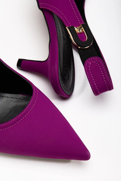 Büyük Numara Kadın Topuklu Ayakkabı Mor Saten Malzeme Taşlı Tokalı - Resim 2