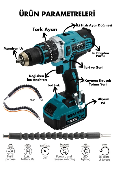 Assur Pro Metal Şanzıman 18V Çift Akülü Şarjlı Darbeli Matkap - 2