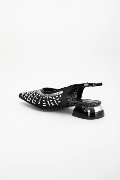 Kadın Kısa Topuklu Abiye Ayakkabı Siyah File Taş Döşeme Topuk Açık - 6