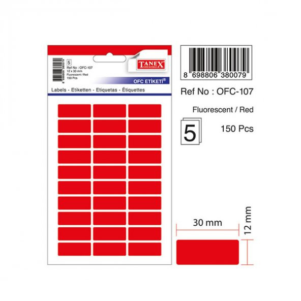 Tanex OFC-107 5 li Floresan Kırmızı Ofis Etiketi - 1