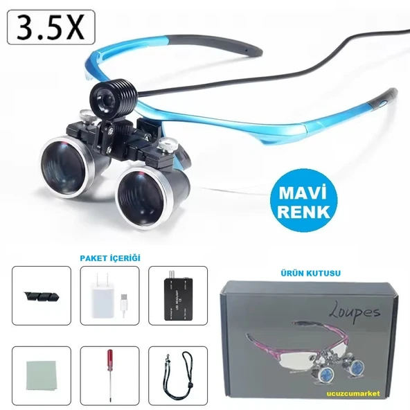 3.5X BÜYÜTEÇLİ LED IŞIKLI TIBBİ CERRAHİ BİNOKÜLER LOUPES MAVİ RENK GÖZLÜK
