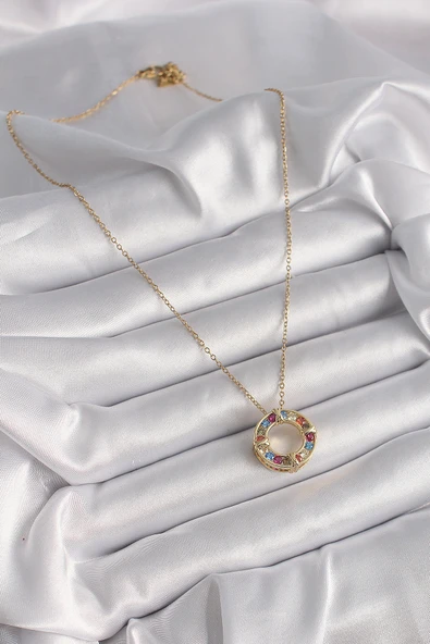 316L Çelik Gold Renk Zincir Renkli Zirkon Taşlı Xoxo Model Kadın Kolye - TJ-BKO9628 - 2