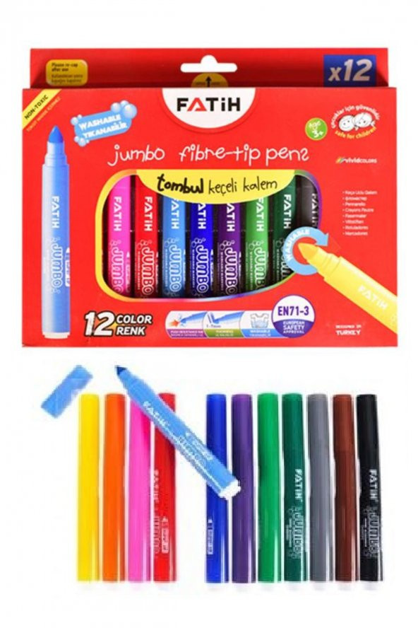 Jumbo Tombul Keçeli Kalem 12 Li Yıkanabilir 1 Adet Fatih Keçeli Kalem 12 Renk Jumbo Yıkanabilir - 2