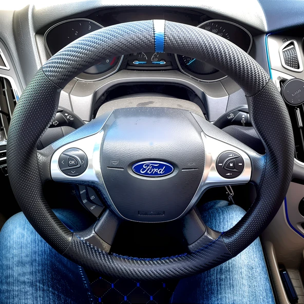 DİKİŞLİ DİREKSİYON KILIFI KARBON DERİ NOKTA DERİ MAVİ YÜZÜK MAVİ DİKİŞLİ FORD FOCUS 2014 SONRASI - 1