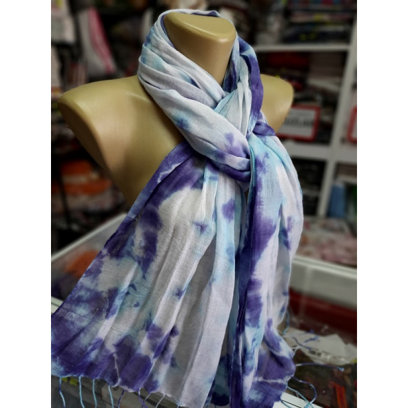 DOSİMİRA - Batik Fular - Pamuklu ve Yünlü - Mavi-Lacivert renkli- 53x210 cm