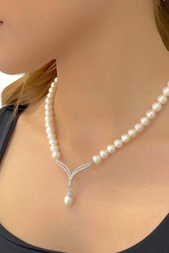 Altın Modeli Suyolu Doğal İnci Gerdanlık 925 Gümüş Kolye - 2