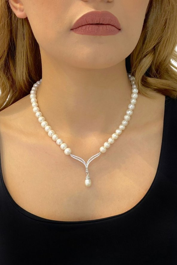 Altın Modeli Suyolu Doğal İnci Gerdanlık 925 Gümüş Kolye - 3