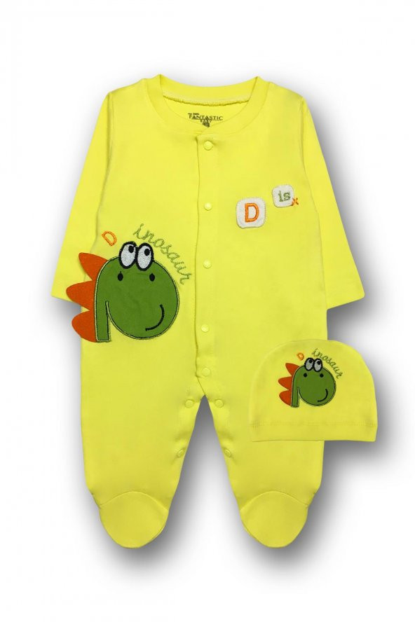 Unisex Bebek Tulum Y0026 Dinazor Detaylı Tulum, Şapka Ve Eldiven Takım-8003 Sarı