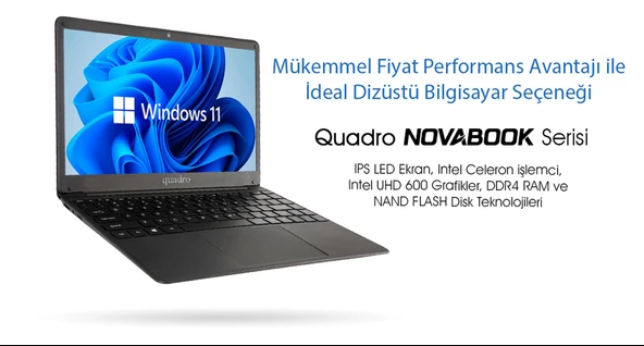 QUADRO NovaBook GN15-140P-CJ N4020 4GB 128GB SSD O/B Intel UHD 14" W11H Siyah Notebook - 3