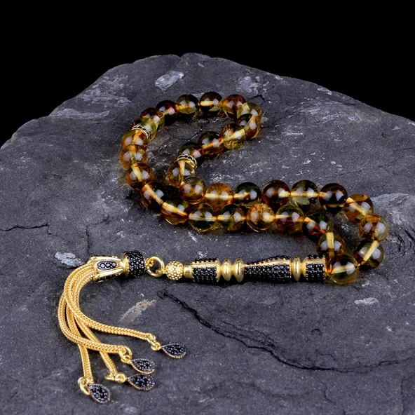 ZİRKON TAŞ ALTIN KAPLAMA GÜMÜŞ PÜSKÜLLÜ DAMLA KEHRİBAR TESBİH - Resim 5