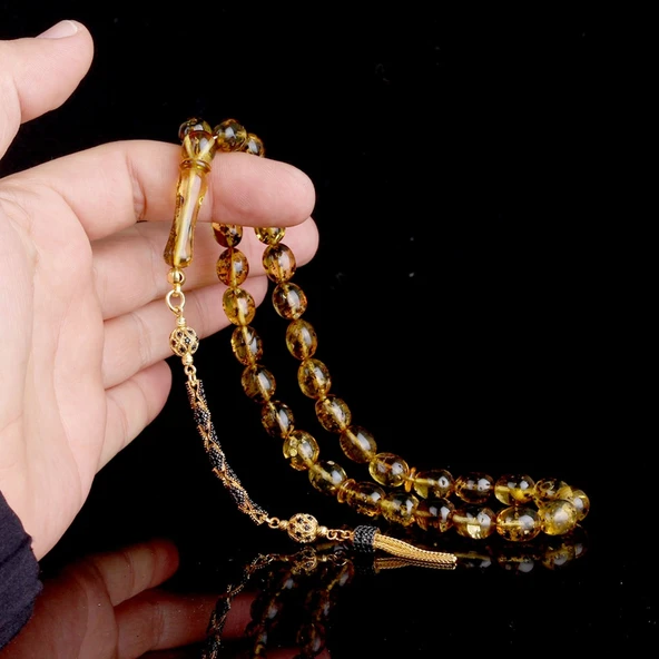 Zirkon Set Gümüş Püsküllü Çöp Fosilli Damla Kehribar Tesbih - Resim 3