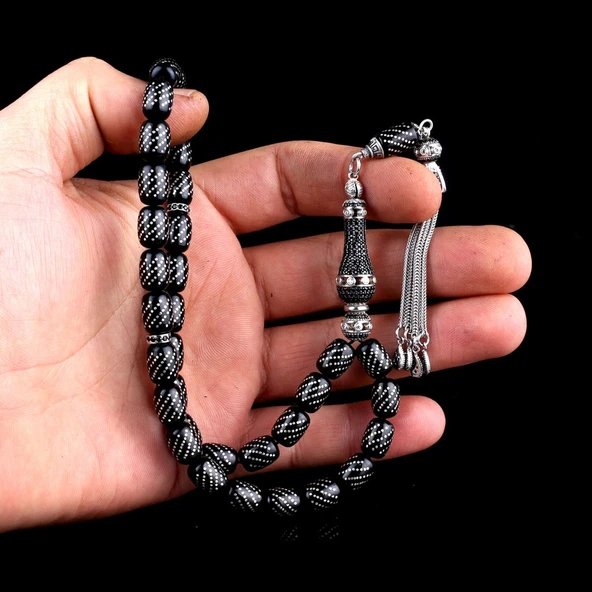 ZİRKON SET GÜMÜŞ PÜSKÜLLÜ NOKTA İŞLEMELİ ATEŞ KEHRİBAR TESBİH - Resim 3