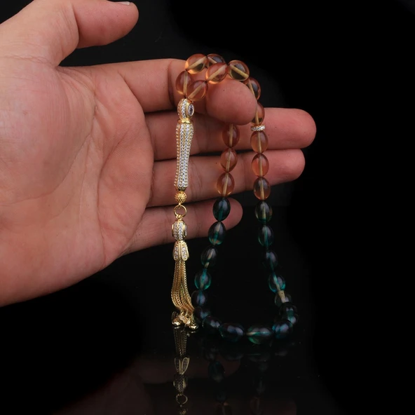 ZİRKON TAŞ GÜMÜŞ PÜSKÜLLÜ SÜZME RENK ATEŞ KEHRİBAR TESBİH - Resim 3