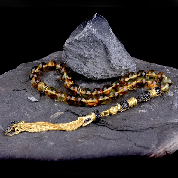 ZİRKON TAŞ ALTIN KAPLAMA GÜMÜŞ PÜSKÜLLÜ DAMLA KEHRİBAR TESBİH - Resim 4