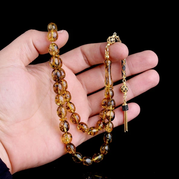 Zirkon Set Gümüş Püsküllü Çöp Fosilli Damla Kehribar Tesbih - Resim 2