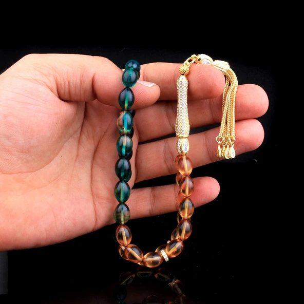 ZİRKON TAŞ GÜMÜŞ PÜSKÜLLÜ SÜZME RENK ATEŞ KEHRİBAR TESBİH - Resim 2