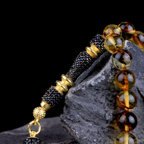 ZİRKON TAŞ ALTIN KAPLAMA GÜMÜŞ PÜSKÜLLÜ DAMLA KEHRİBAR TESBİH - Resim 3