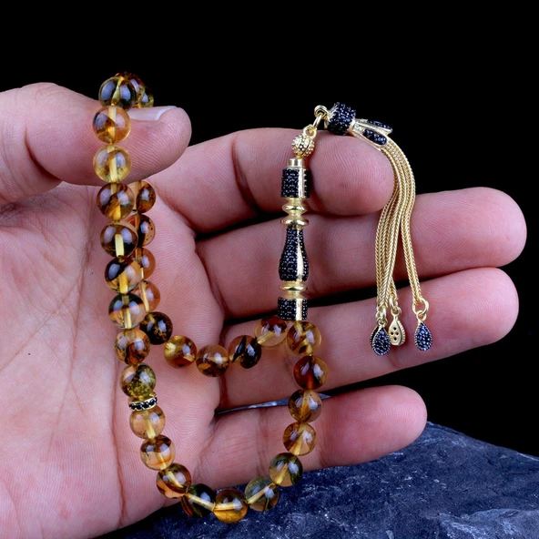 ZİRKON TAŞ ALTIN KAPLAMA GÜMÜŞ PÜSKÜLLÜ DAMLA KEHRİBAR TESBİH - Resim 2