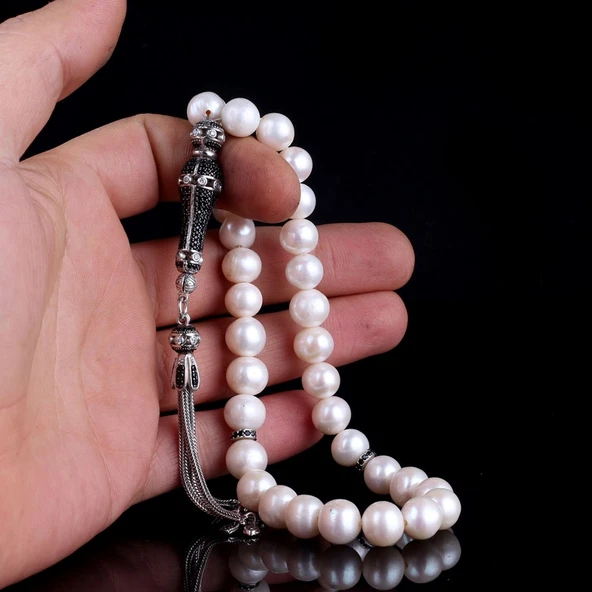 ZİRKON SET GÜMÜŞ PÜSKÜLLÜ 10 MM İNCİ TAŞLI TESBİH - Resim 4