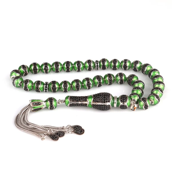 YEŞİL RENK MİNELİ ZİRKON TAŞLI 925 AYAR GÜMÜŞ TESBİH - Resim 4