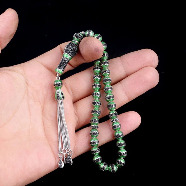 YEŞİL RENK MİNELİ ZİRKON TAŞLI 925 AYAR GÜMÜŞ TESBİH - Resim 3