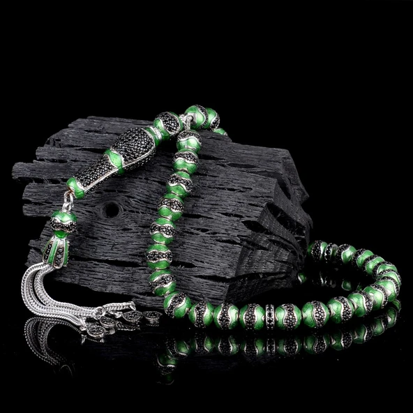 YEŞİL RENK MİNELİ ZİRKON TAŞLI 925 AYAR GÜMÜŞ TESBİH - Resim 2