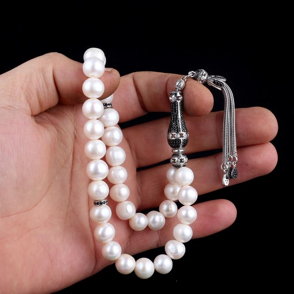 ZİRKON SET GÜMÜŞ PÜSKÜLLÜ 10 MM İNCİ TAŞLI TESBİH - Resim 3