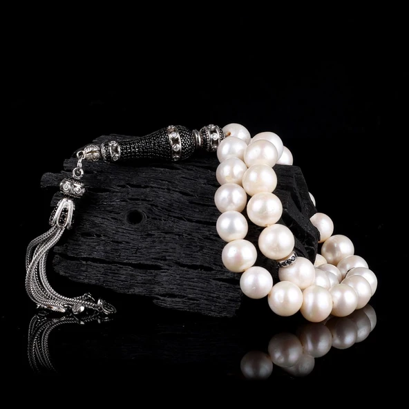 ZİRKON SET GÜMÜŞ PÜSKÜLLÜ 10 MM İNCİ TAŞLI TESBİH - Resim 2