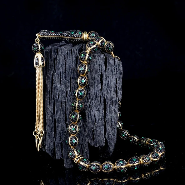 YEŞİL RENK ZİRKON TAŞ İŞLEMELİ TAMAMI 925 AYAR GÜMÜŞ TESBİH ürün görseli 1