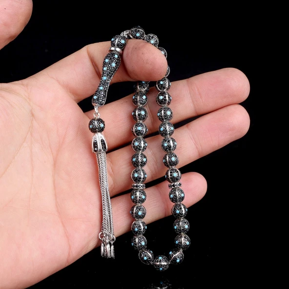 TURKUAZ ZİRKON TAŞ İŞLEMELİ TAMAMI 925 AYAR GÜMÜŞ TESBİH - Resim 3