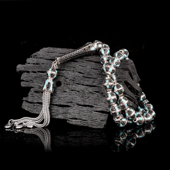 TURKUAZ MİNELİ ZİRKON TAŞ İŞLEMELİ TAMAMI 925 AYAR GÜMÜŞ TESBİH - Resim 2