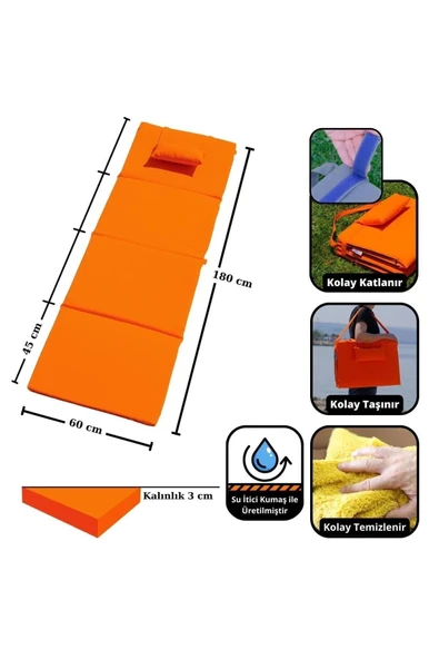 XPERMATE Katlanır Şezlong Minderi - Taşınır Kamp Yatağı Su Itici Solmaz Kumaş 180x60x3 Turuncu Ultraluks - 2