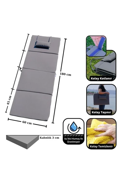 XPERMATE Katlanır Şezlong Minderi - Taşınır Kamp Yatağı Su Itici Solmaz Kumaş 180x60x3 Antrasit Ultraluks - 2