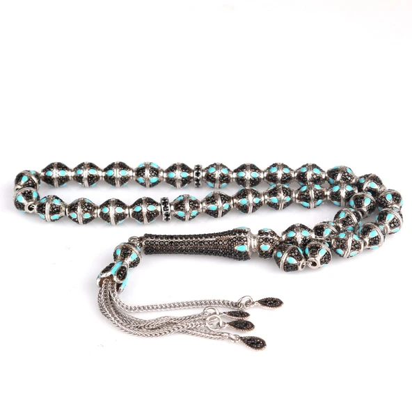 TURKUAZ MİNELİ ZİRKON TAŞ İŞLEMELİ TAMAMI 925 AYAR GÜMÜŞ TESBİH - Resim 4