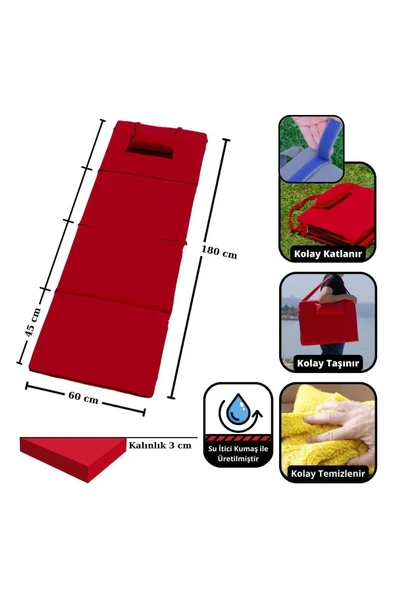 XPERMATE Katlanır Şezlong Minderi - Taşınır Kamp Yatağı Su Itici Solmaz Kumaş 180x60x3 Kırmızı Ultraluks - 2