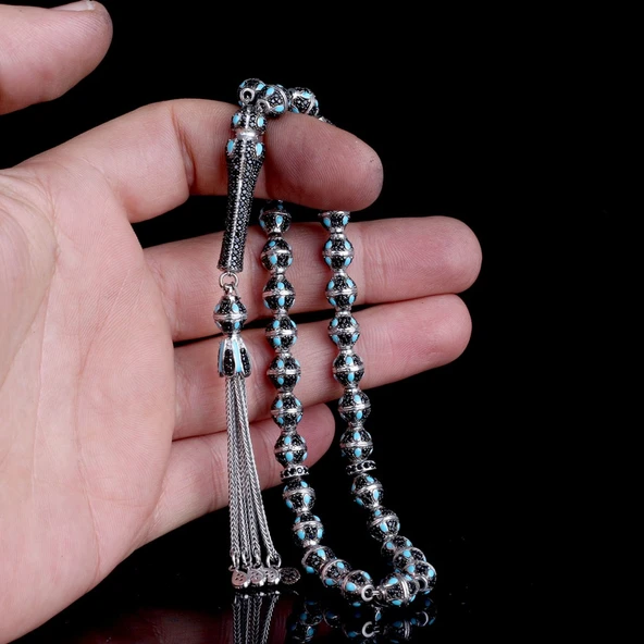 TURKUAZ MİNELİ ZİRKON TAŞ İŞLEMELİ TAMAMI 925 AYAR GÜMÜŞ TESBİH - Resim 3