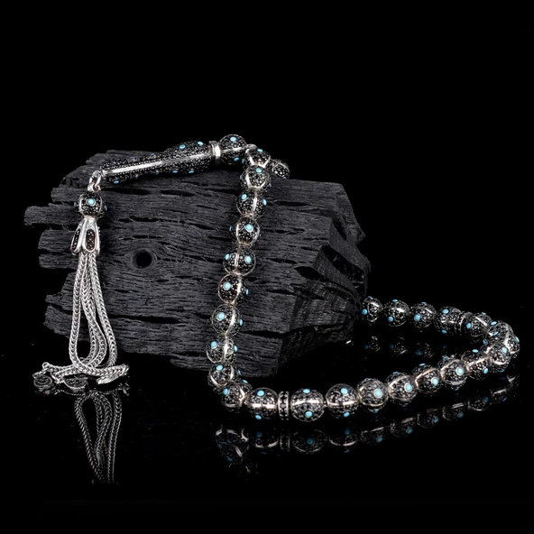 TURKUAZ ZİRKON TAŞ İŞLEMELİ TAMAMI 925 AYAR GÜMÜŞ TESBİH - Resim 2