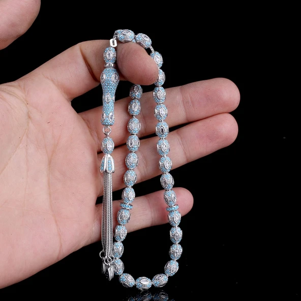 TURKUAZ MİKRO ZİRKON TAŞLI 925 AYAR GÜMÜŞ TESBİH - Resim 3